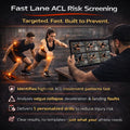 Advertisement for Fast Lane ACL Risk Screening with athletes and a coach analyzing movements on a screen.